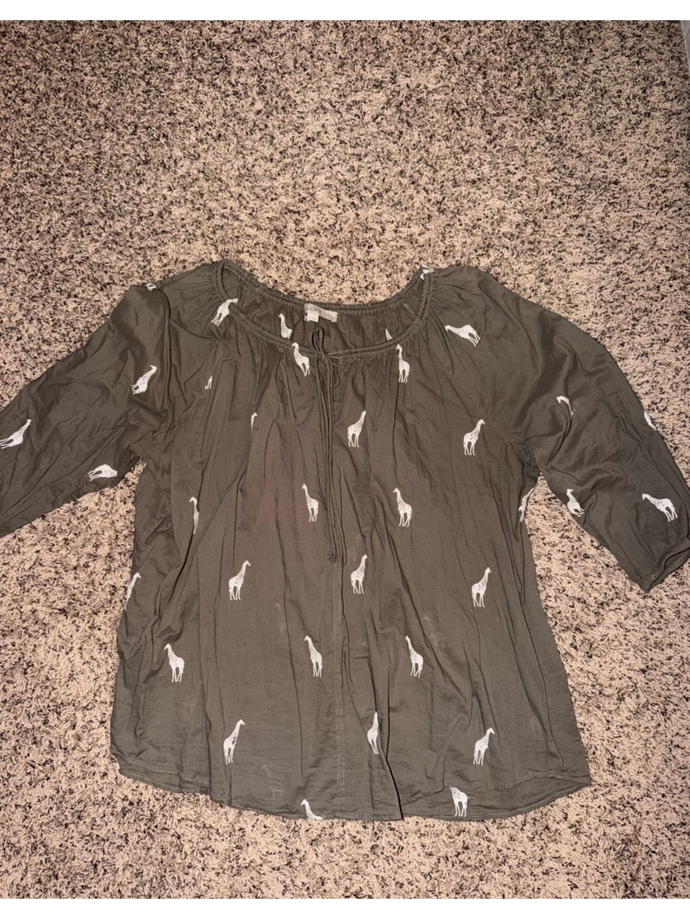 LOFT XL Olive Green Giraffe-Print Peasant Blouse 3/4 sleeve